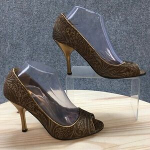 ENZO ANGLIONI Brown/Gold Metallic Embossed Peep Toe Heels